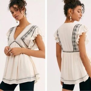 Free People Falling Water Cream Embroidered Boho V-Neck Tunic Top Sz S